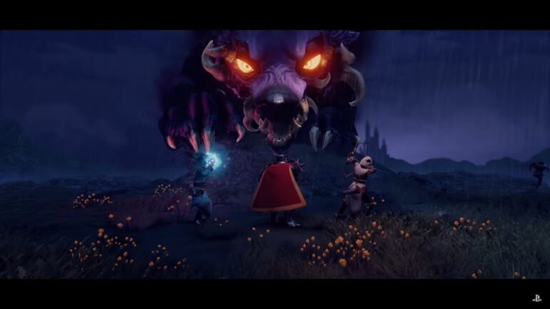 Trine 4: The Nightmare Prince the trio fighting a giant wolf
